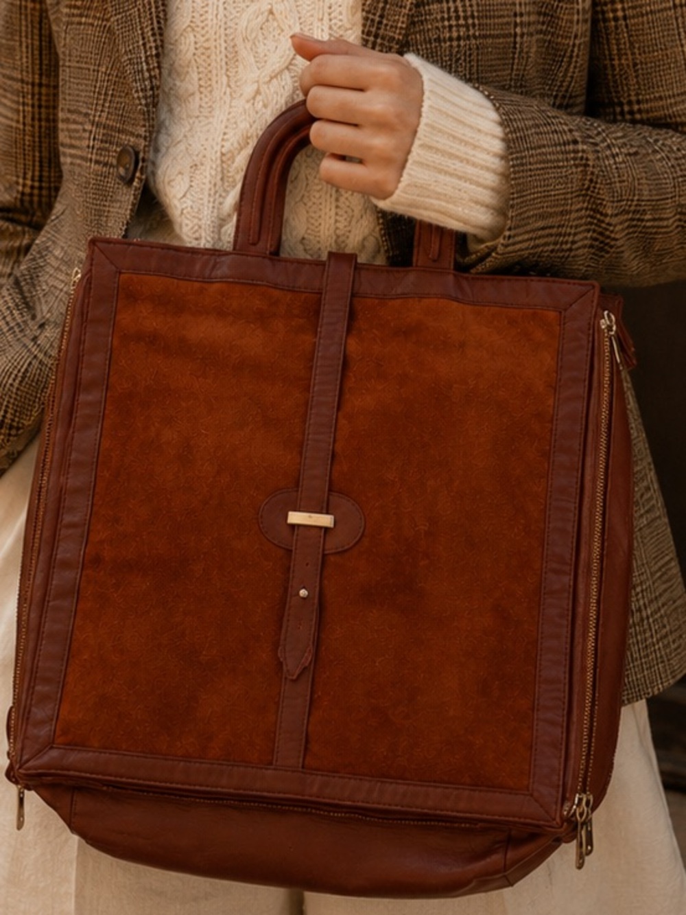 Vintage Uruguay Leather Suede Tote Bag Expandable Briefcase Equestrian Travel